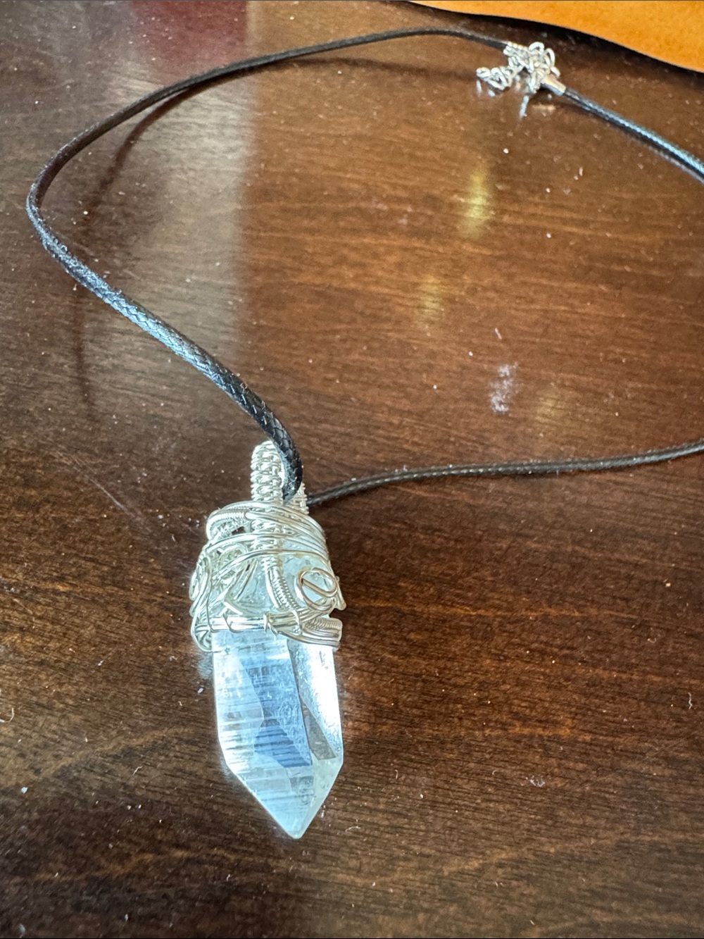 Handcrafted Clear Crystal Point Pendant Necklace - Black Cord